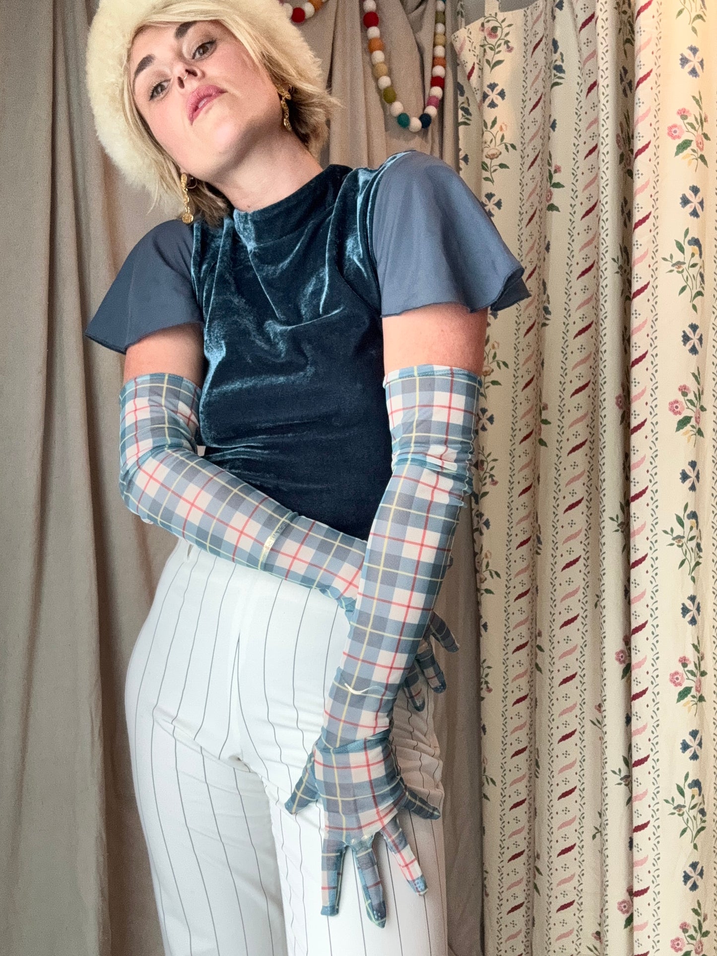 Vintage Plaid Opera Gloves