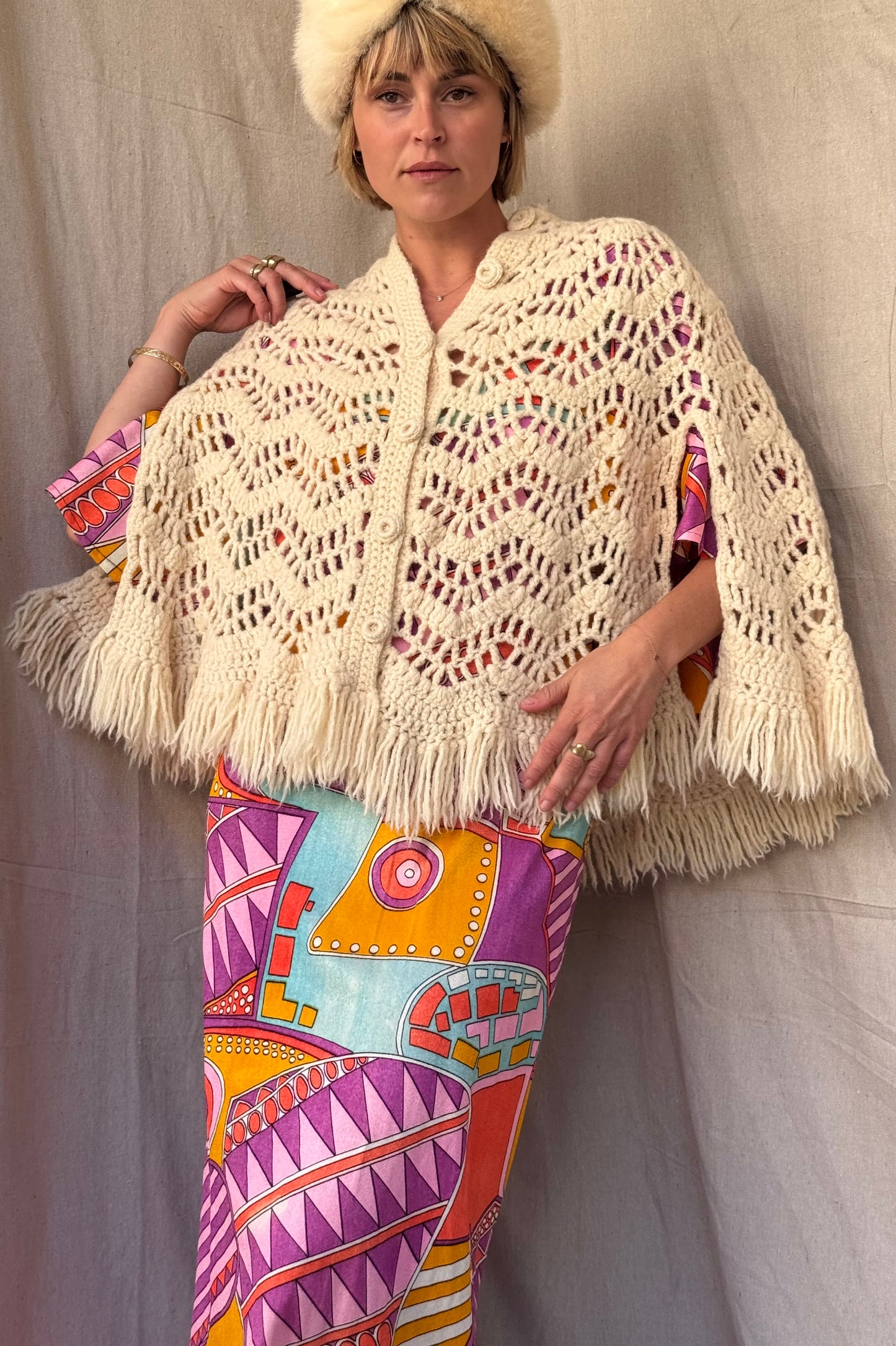 The Aislynn 1970s Handknit Wool Poncho Cape