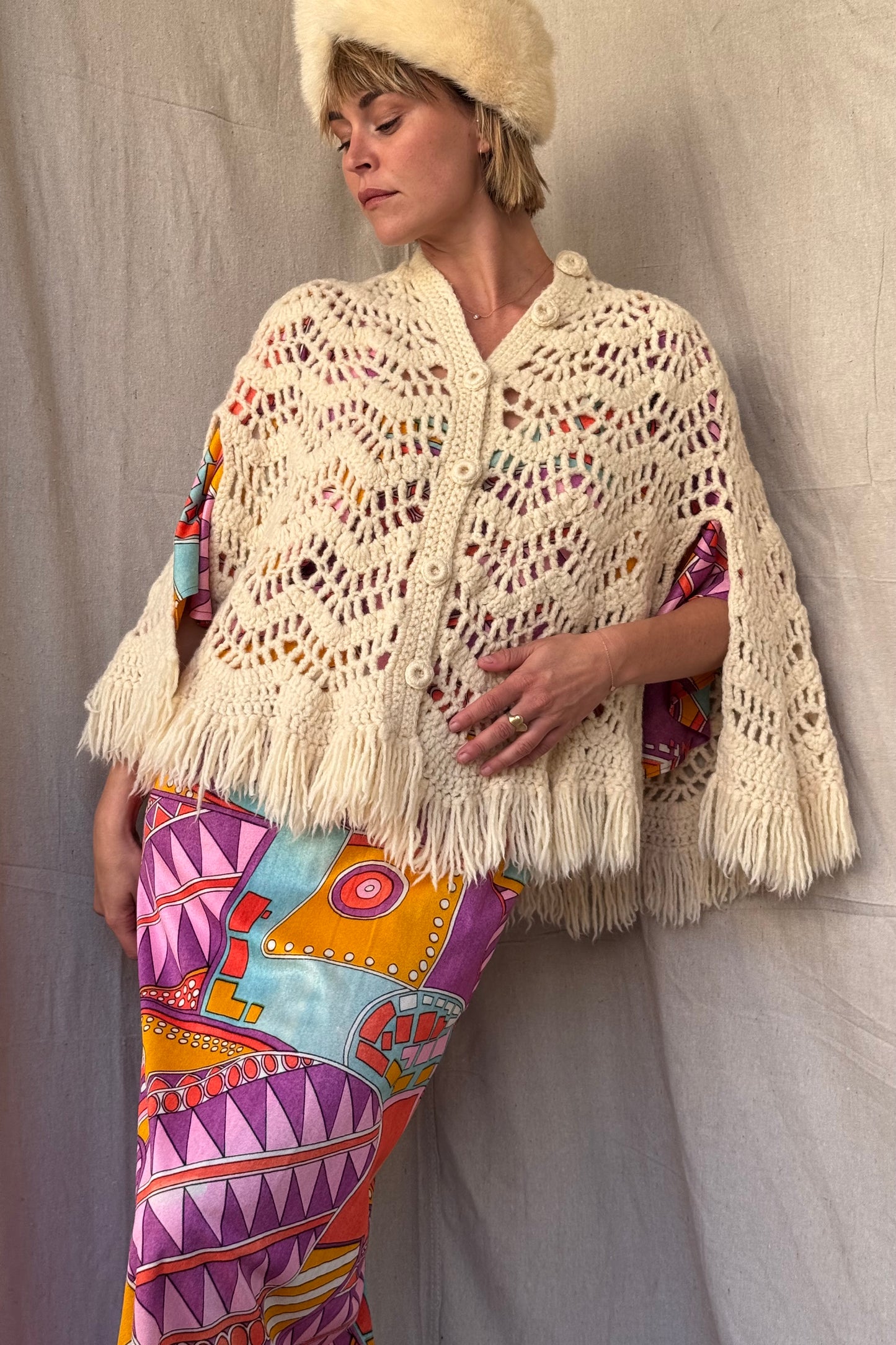 The Aislynn 1970s Handknit Wool Poncho Cape