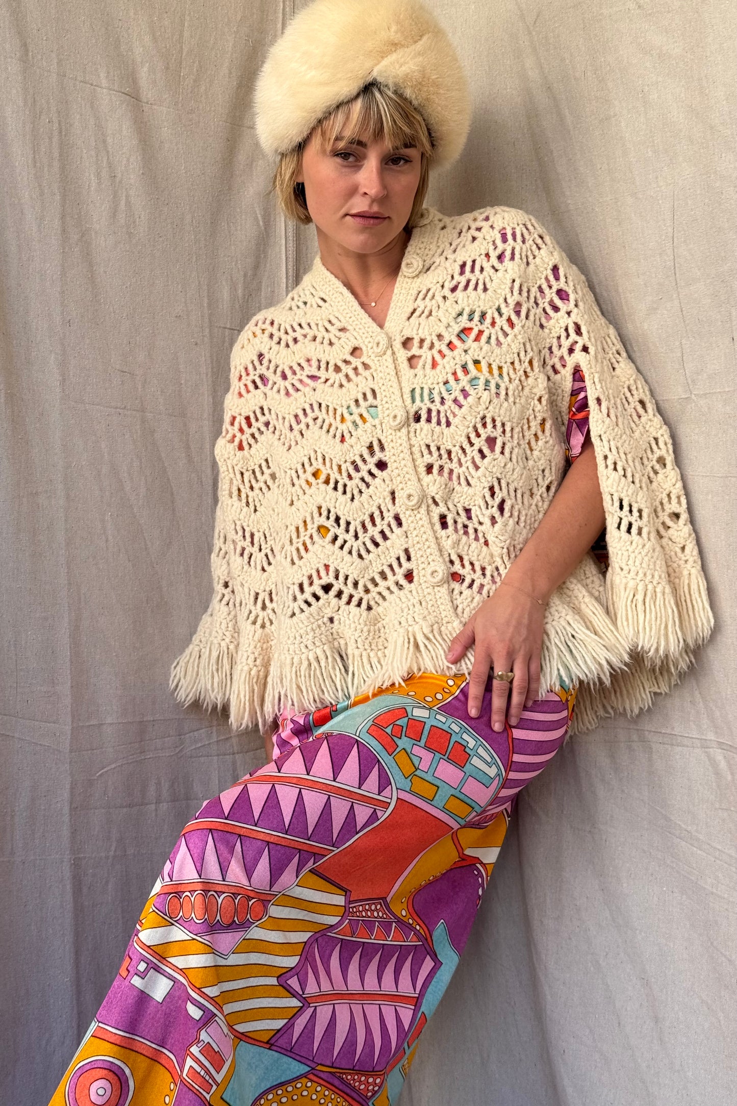 The Aislynn 1970s Handknit Wool Poncho Cape