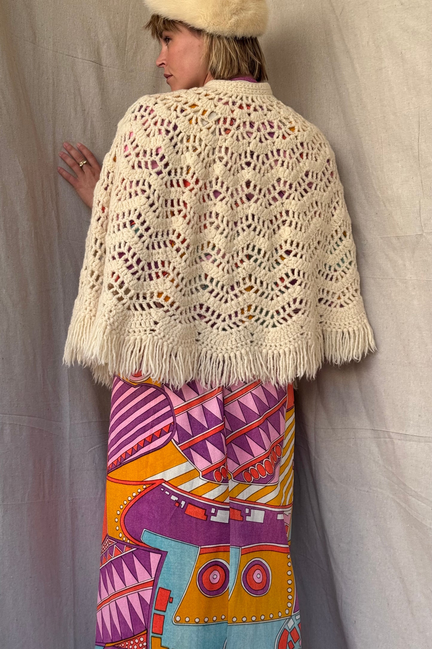 The Aislynn 1970s Handknit Wool Poncho Cape