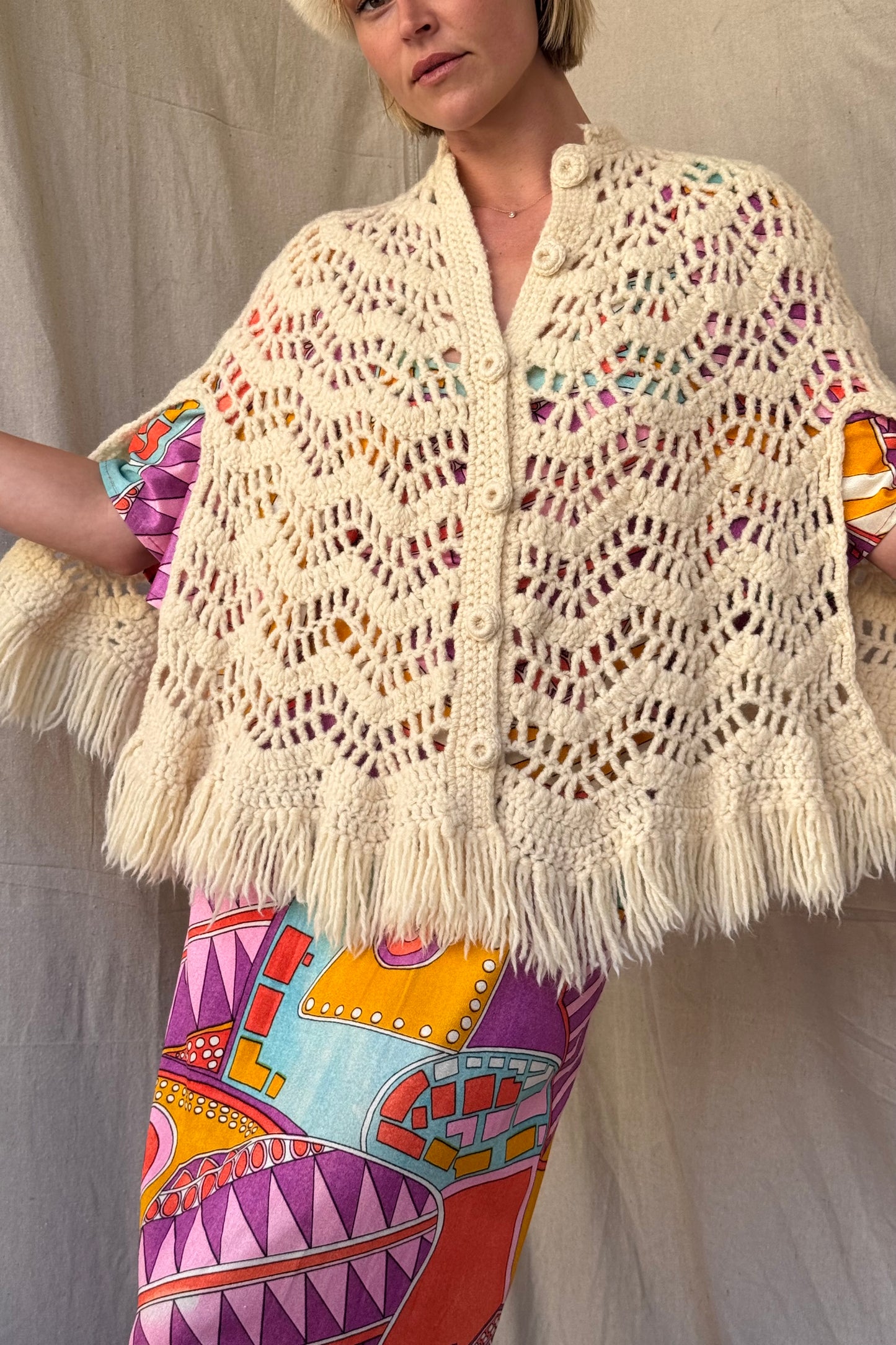 The Aislynn 1970s Handknit Wool Poncho Cape