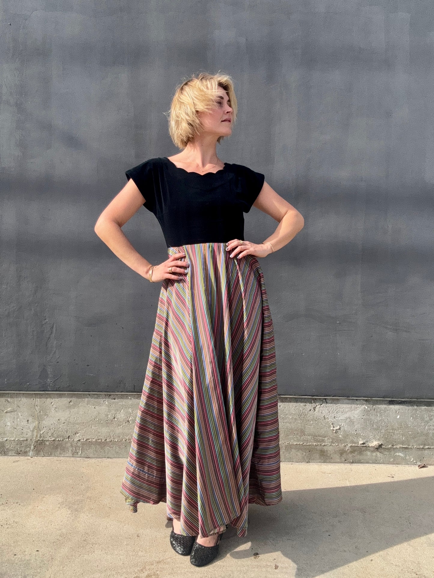 1940s Taffeta Maxi with Scalloped Velvet Bodice