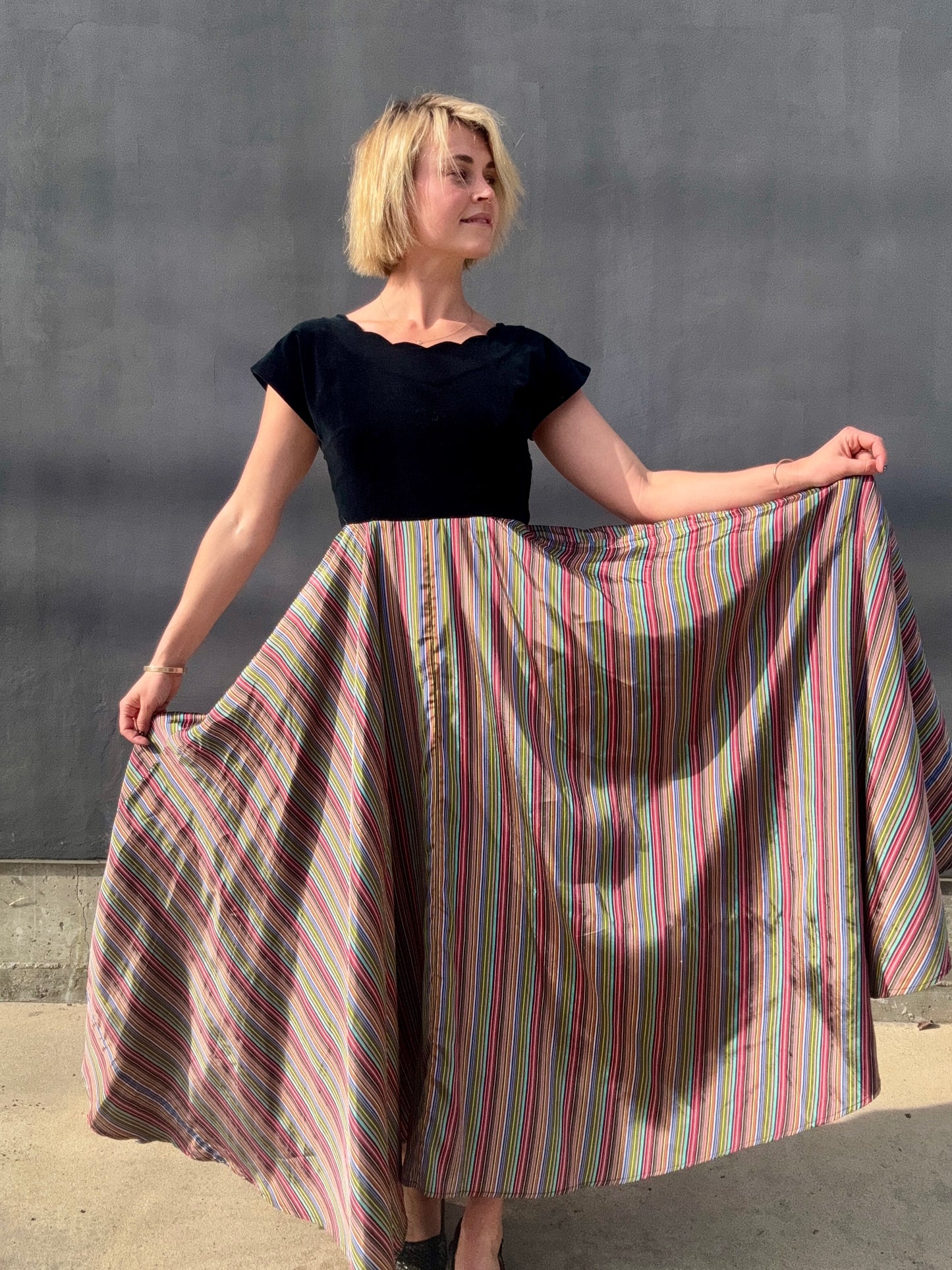 1940s Taffeta Maxi with Scalloped Velvet Bodice