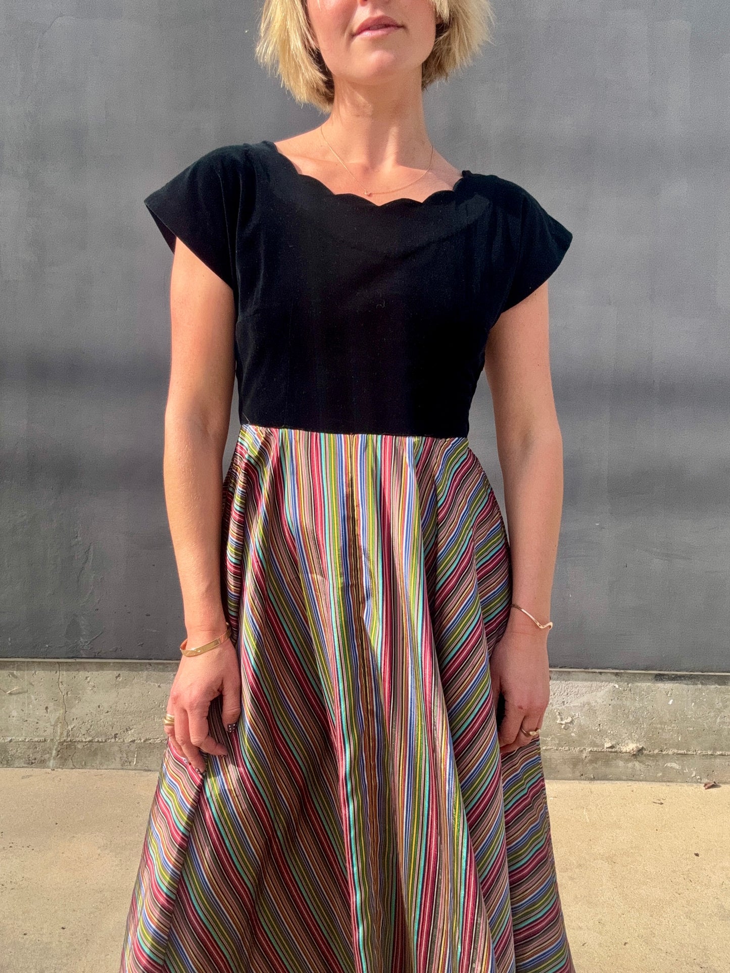 1940s Taffeta Maxi with Scalloped Velvet Bodice