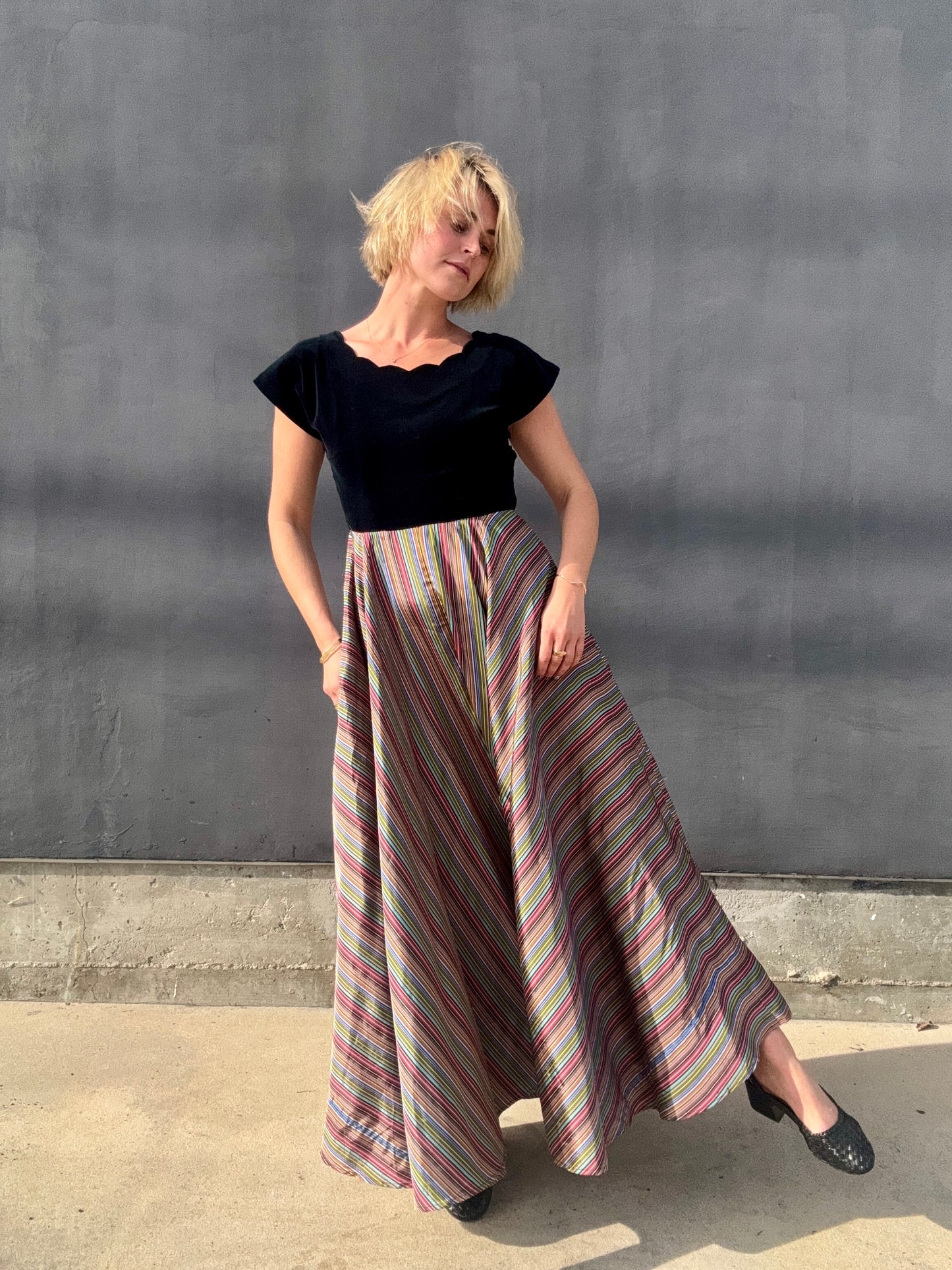 1940s Taffeta Maxi with Scalloped Velvet Bodice