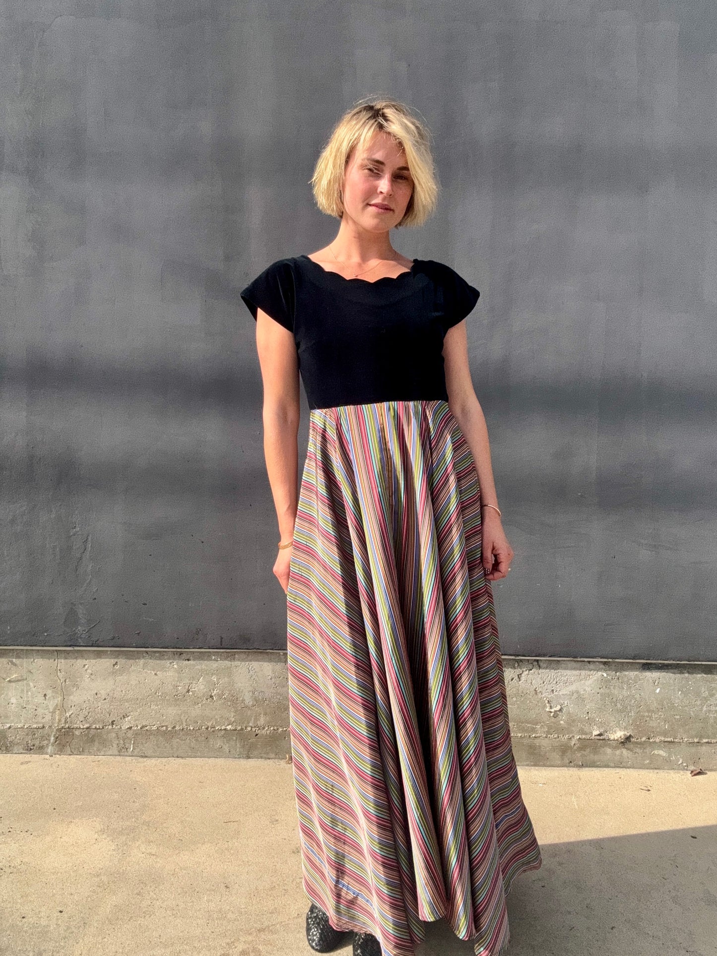 1940s Taffeta Maxi with Scalloped Velvet Bodice