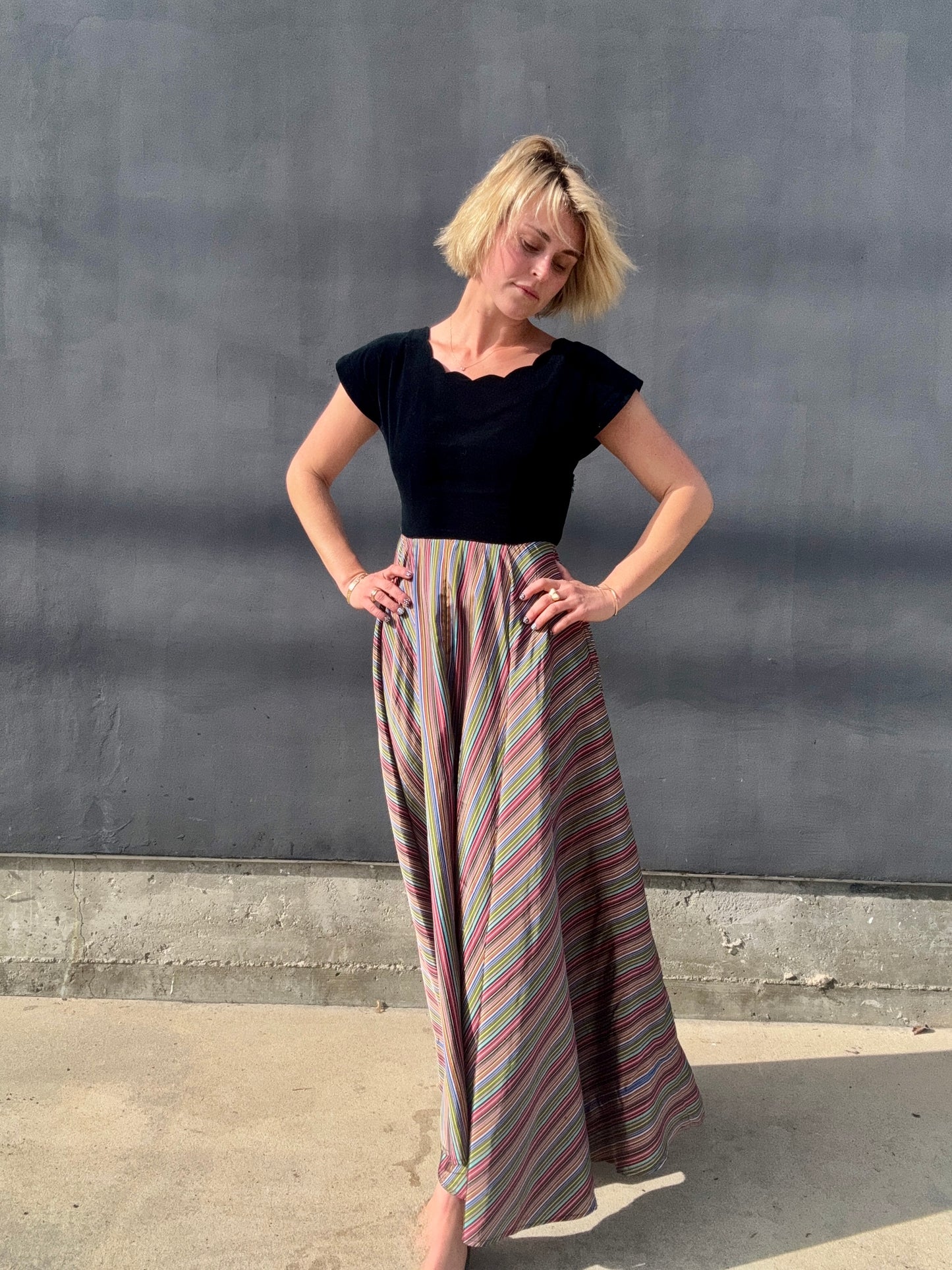 1940s Taffeta Maxi with Scalloped Velvet Bodice