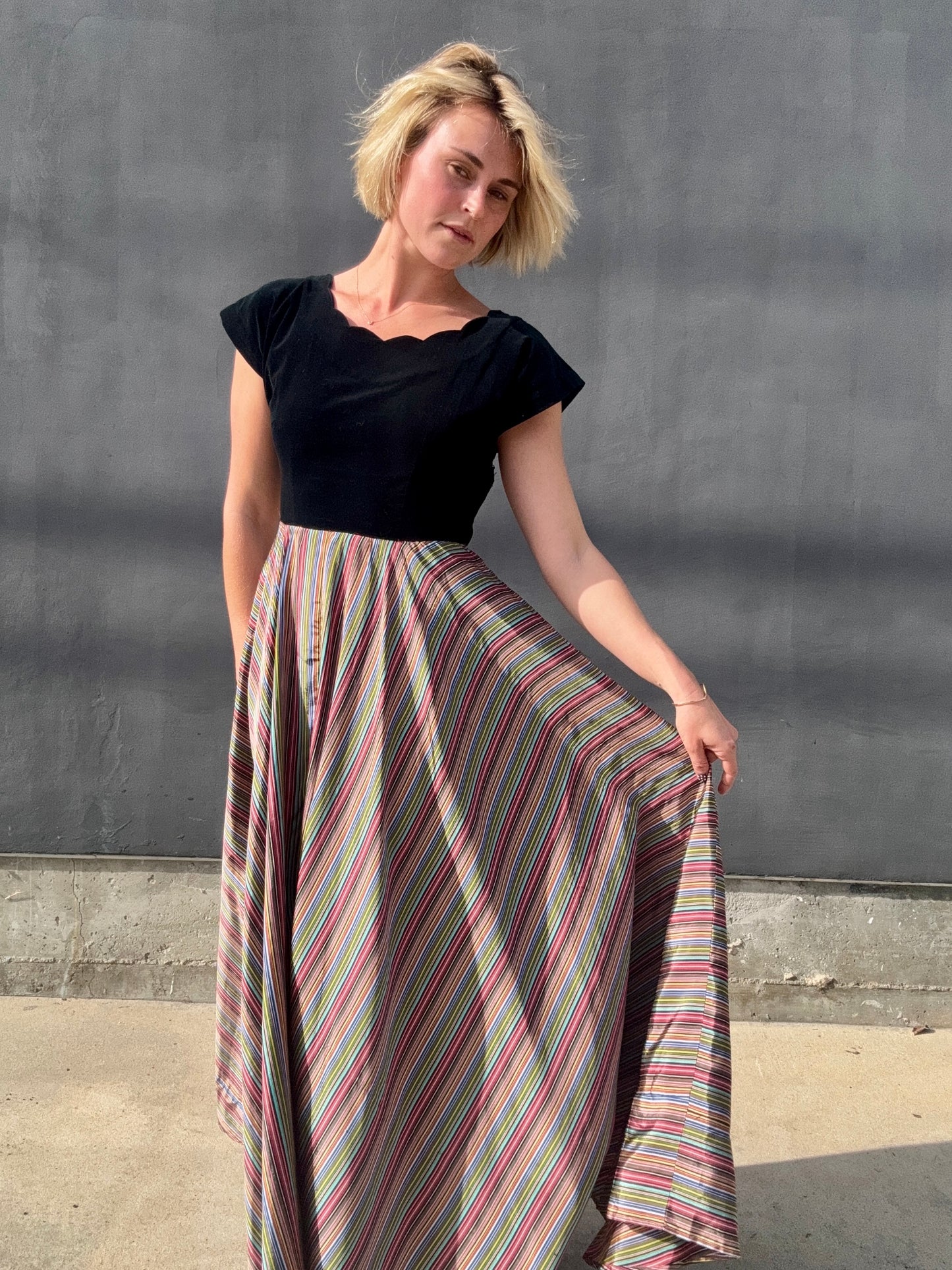 1940s Taffeta Maxi with Scalloped Velvet Bodice