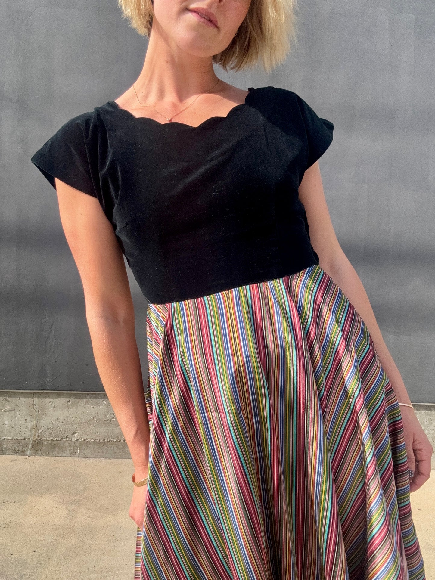 1940s Taffeta Maxi with Scalloped Velvet Bodice