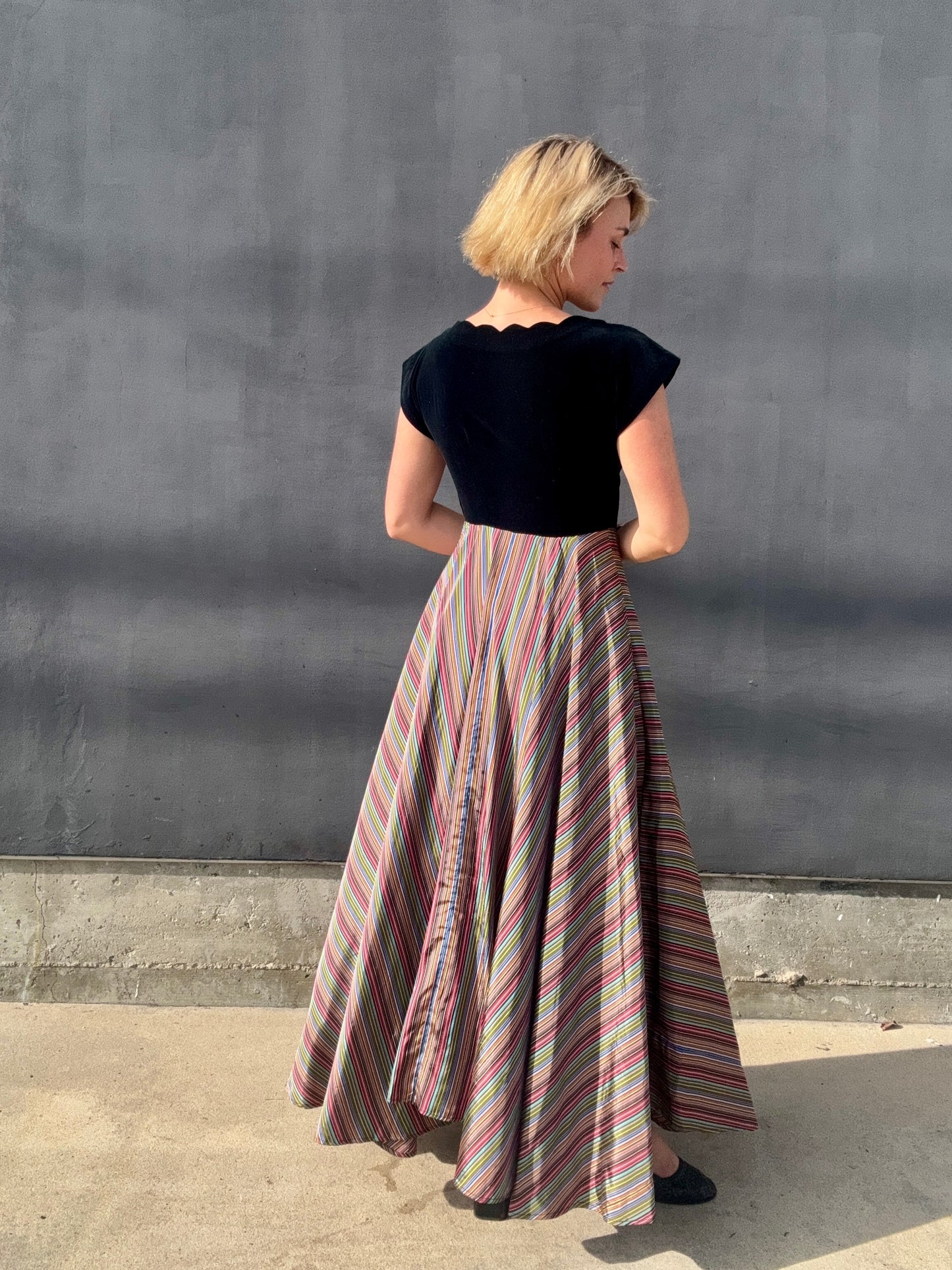 1940s Taffeta Maxi with Scalloped Velvet Bodice