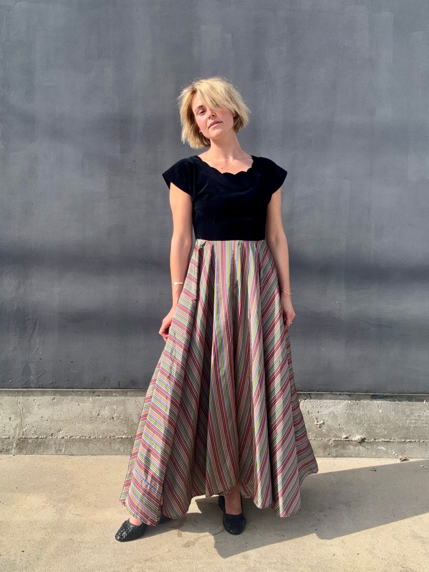 1940s Taffeta Maxi with Scalloped Velvet Bodice